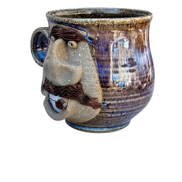 Handcrafted Thrown Ceramic Mug Whimsical Face with Cigar Stamped UR on bottom - Picture 4 of 16